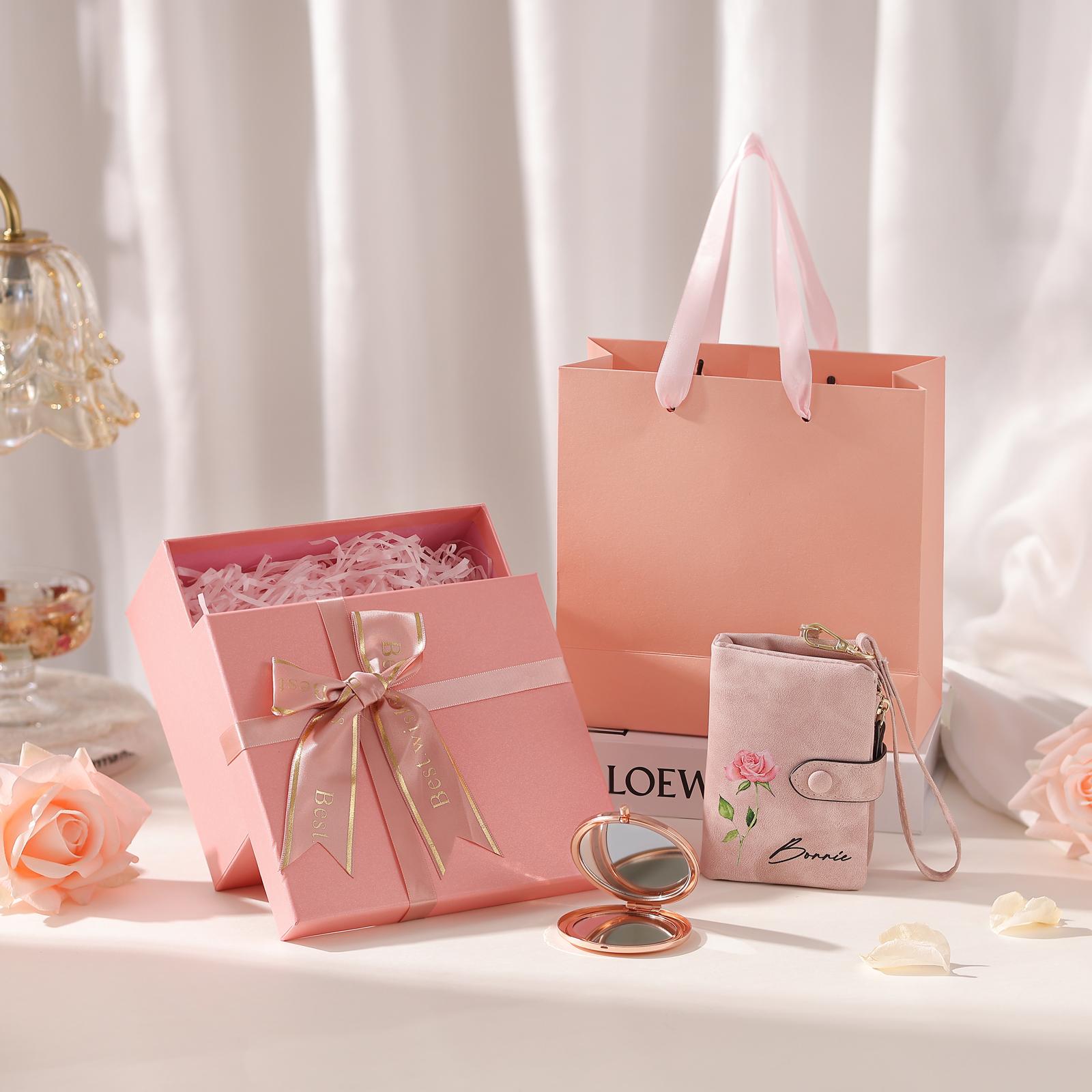 Personalisierter Name*Blume PU Leder Geldbörse & Name* Blume Kosmetikspiegel & Box Geschenkbox Set für Mama