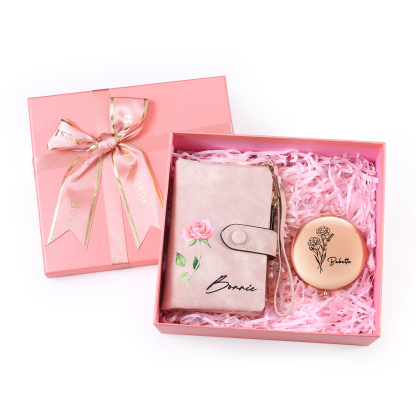 Personalisierter Name*Blume PU Leder Geldbörse & Name* Blume Kosmetikspiegel & Box Geschenkbox Set für Mama