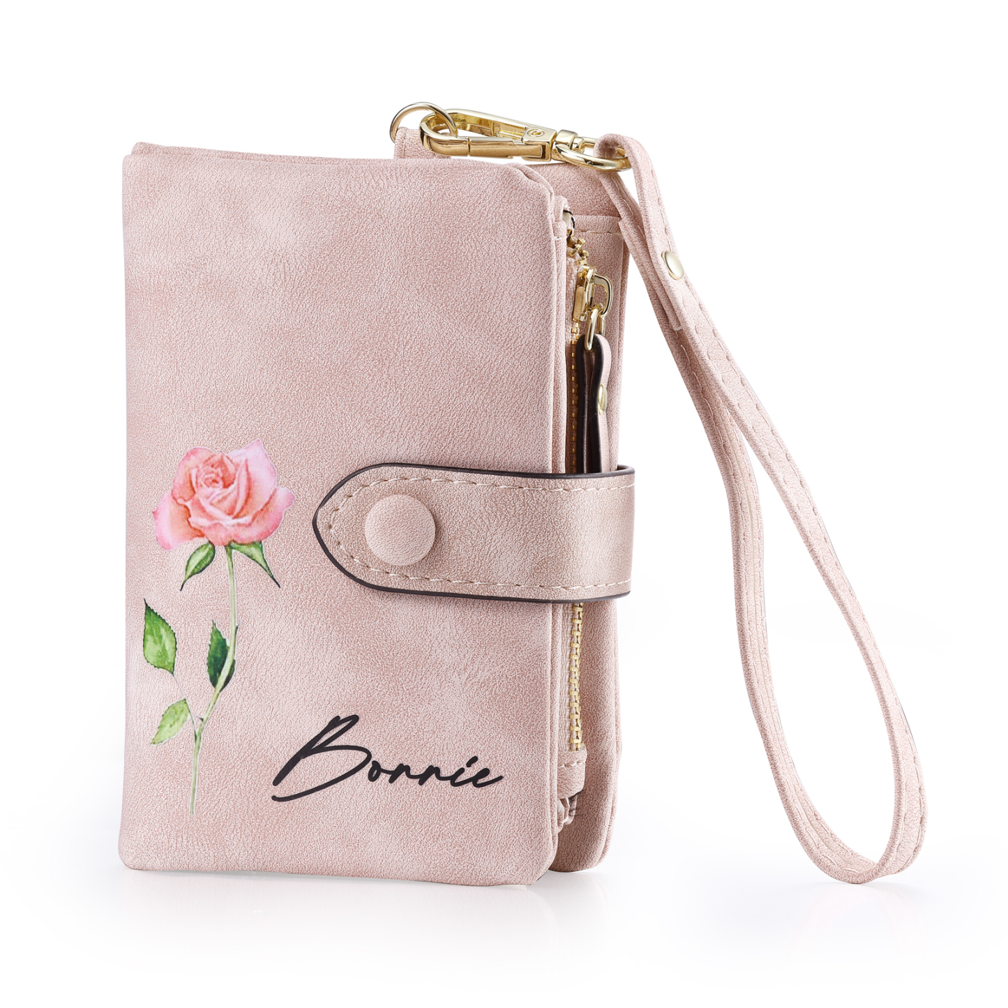 Personalisierter Name*Blume PU Leder Geldbörse & Name* Blume Kosmetikspiegel & Box Geschenkbox Set für Mama