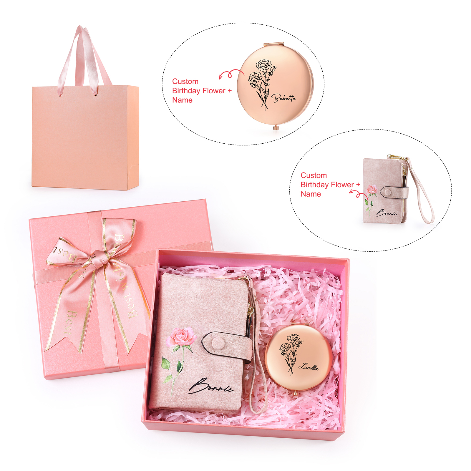 Personalisierter Name*Blume PU Leder Geldbörse & Name* Blume Kosmetikspiegel & Box Geschenkbox Set für Mama