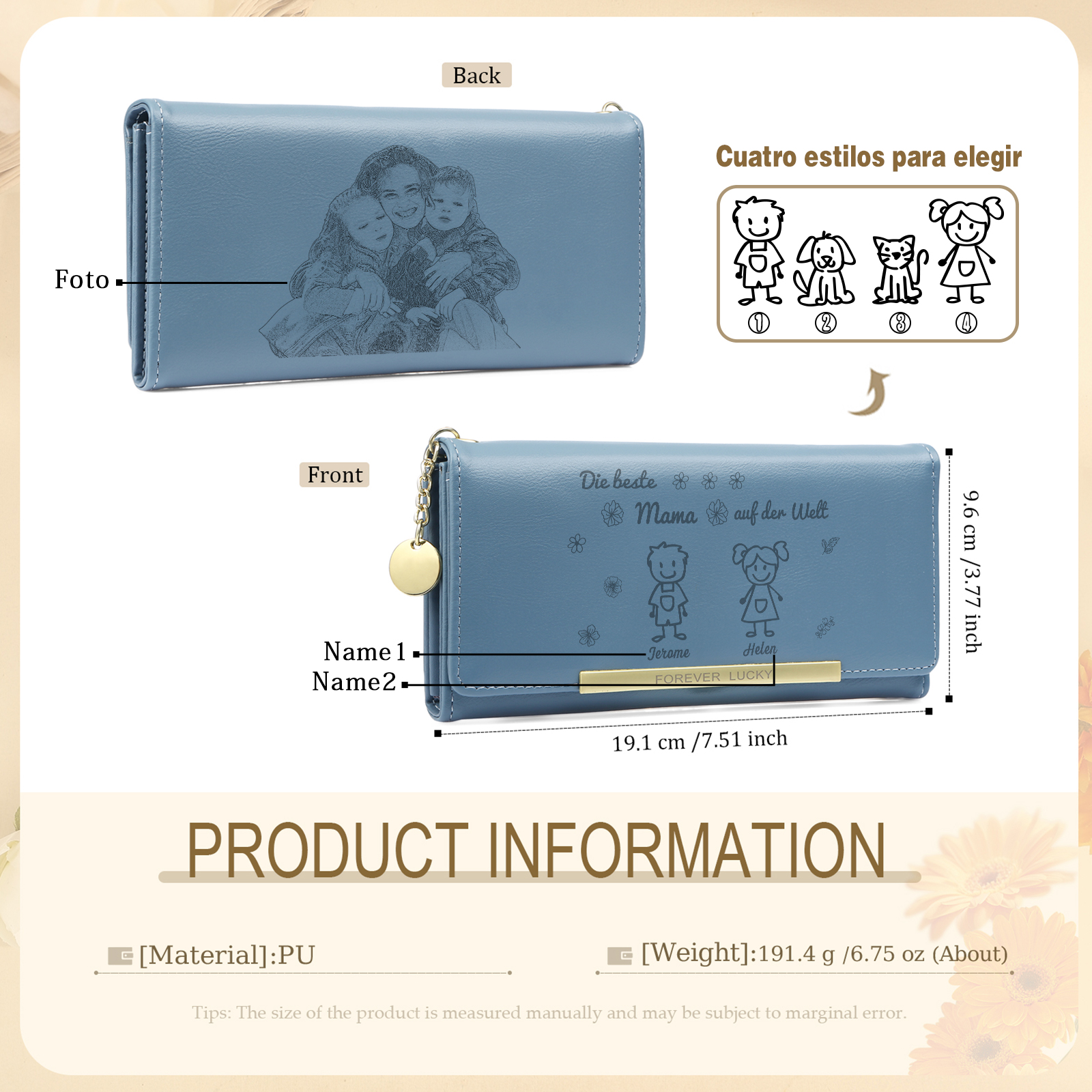 Personalisiertes Foto & 2 Namen & Muster Rosa/Blau/Gelb PU Leder Lange Portemonnaie Geldbörse-Die beste MAMA auf der Welt