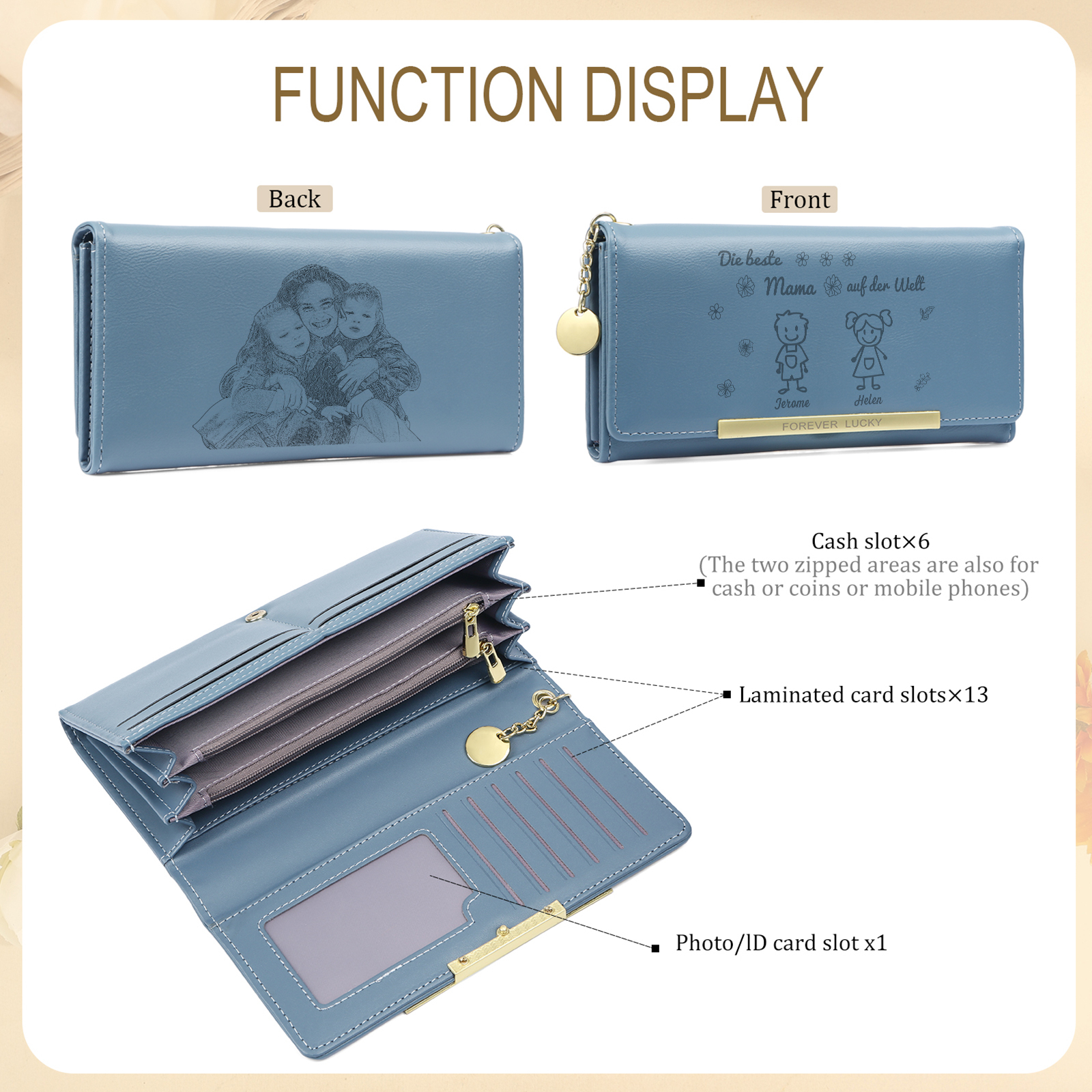Personalisiertes Foto & 2 Namen & Muster Rosa/Blau/Gelb PU Leder Lange Portemonnaie Geldbörse-Die beste MAMA auf der Welt