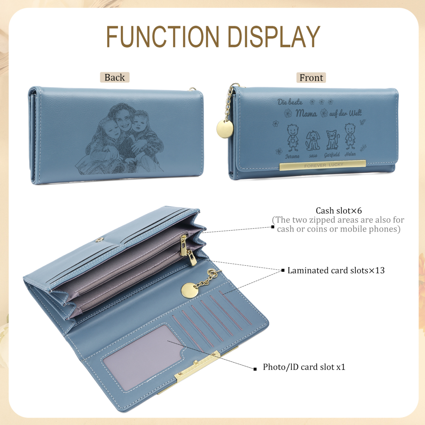 Personalisiertes Foto & 4 Namen & Muster Rosa/Blau/Gelb PU Leder Lange Portemonnaie Geldbörse-Die beste MAMA auf der Welt