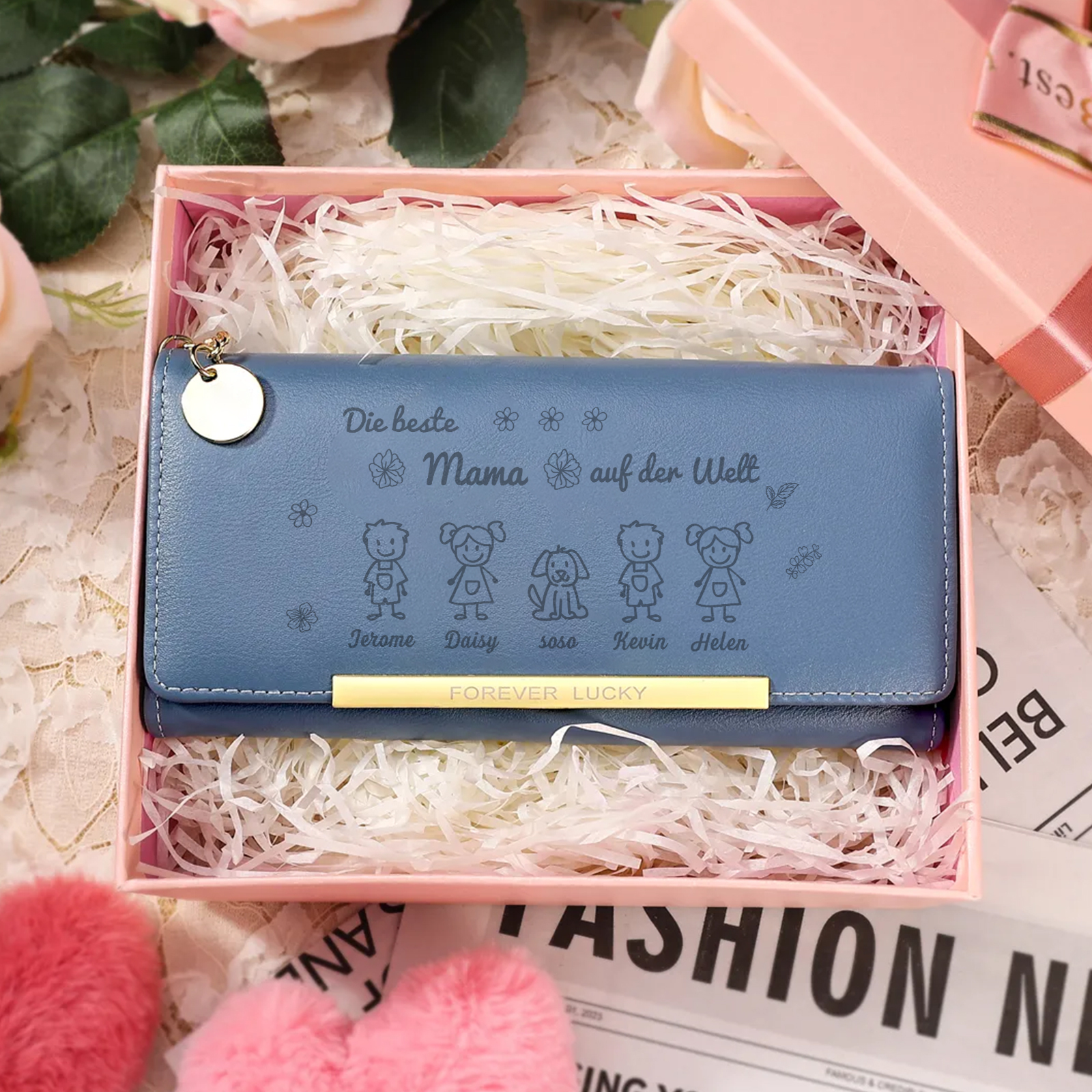 Personalisiertes Foto & 5 Namen & Muster PU Rosa/Blau/Gelb Leder Lange Portemonnaie Geldbörse-Die beste MAMA auf der Welt