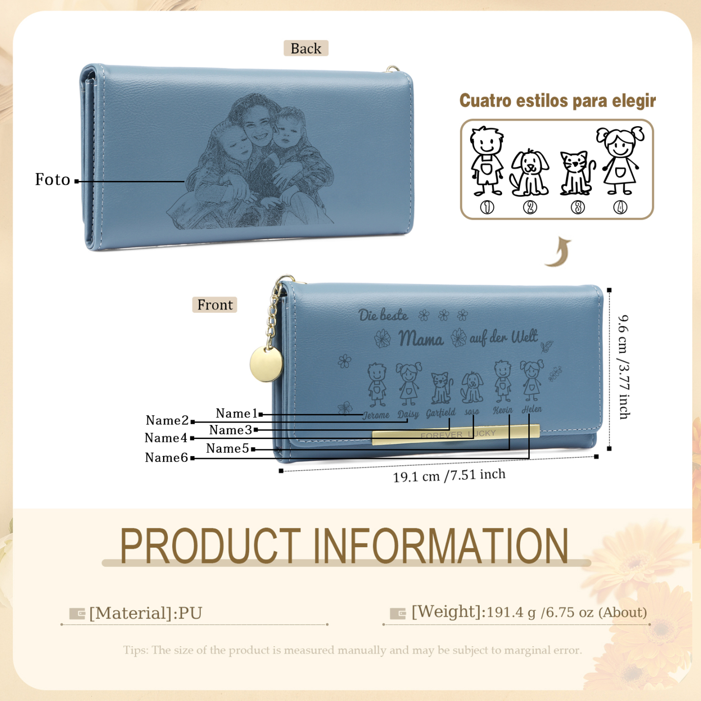 Personalisiertes Foto & 6 Namen & Muster PU Rosa/Blau/Gelb Leder Lange Portemonnaie Geldbörse-Die beste MAMA auf der Welt