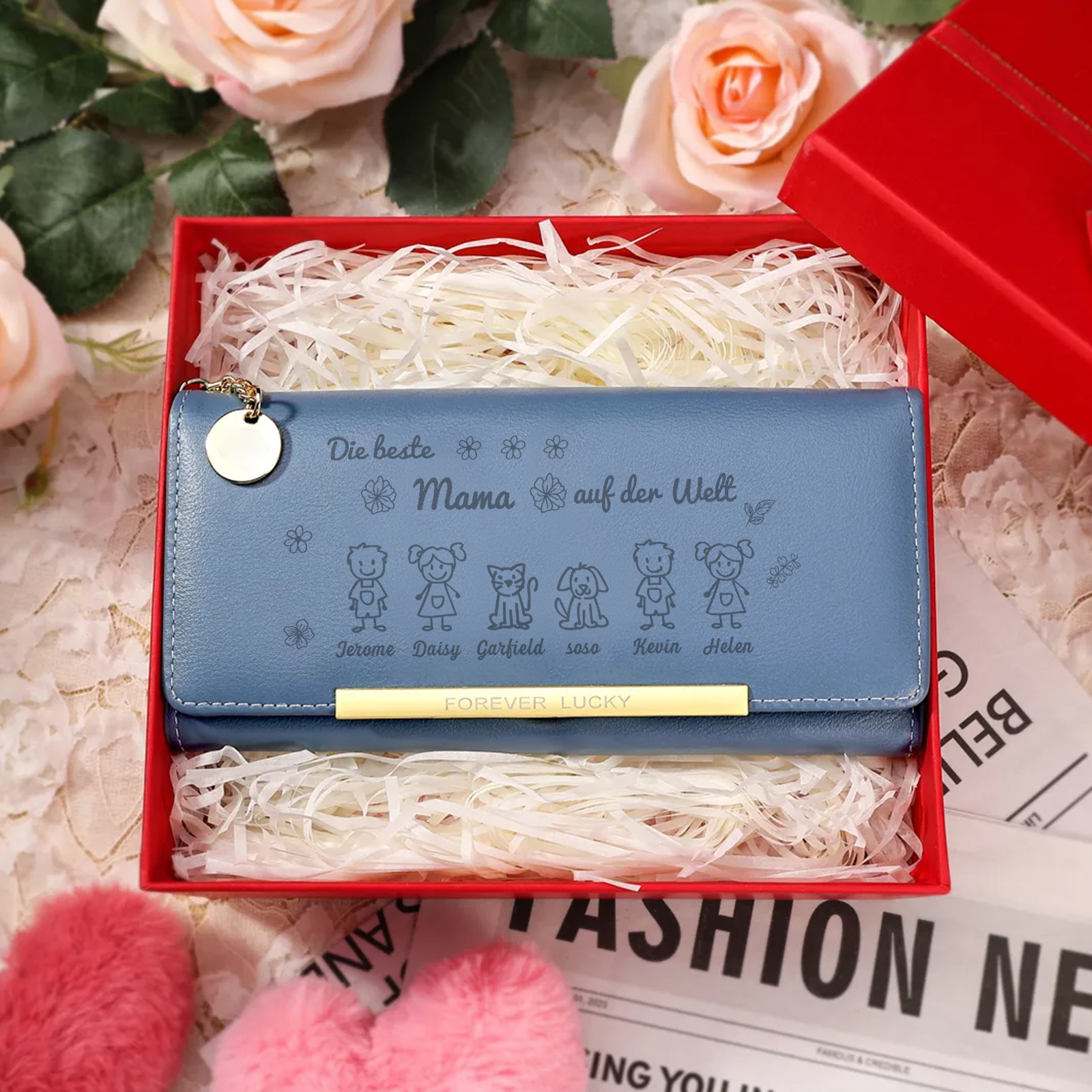 Personalisiertes Foto & 6 Namen & Muster PU Rosa/Blau/Gelb Leder Lange Portemonnaie Geldbörse-Die beste MAMA auf der Welt