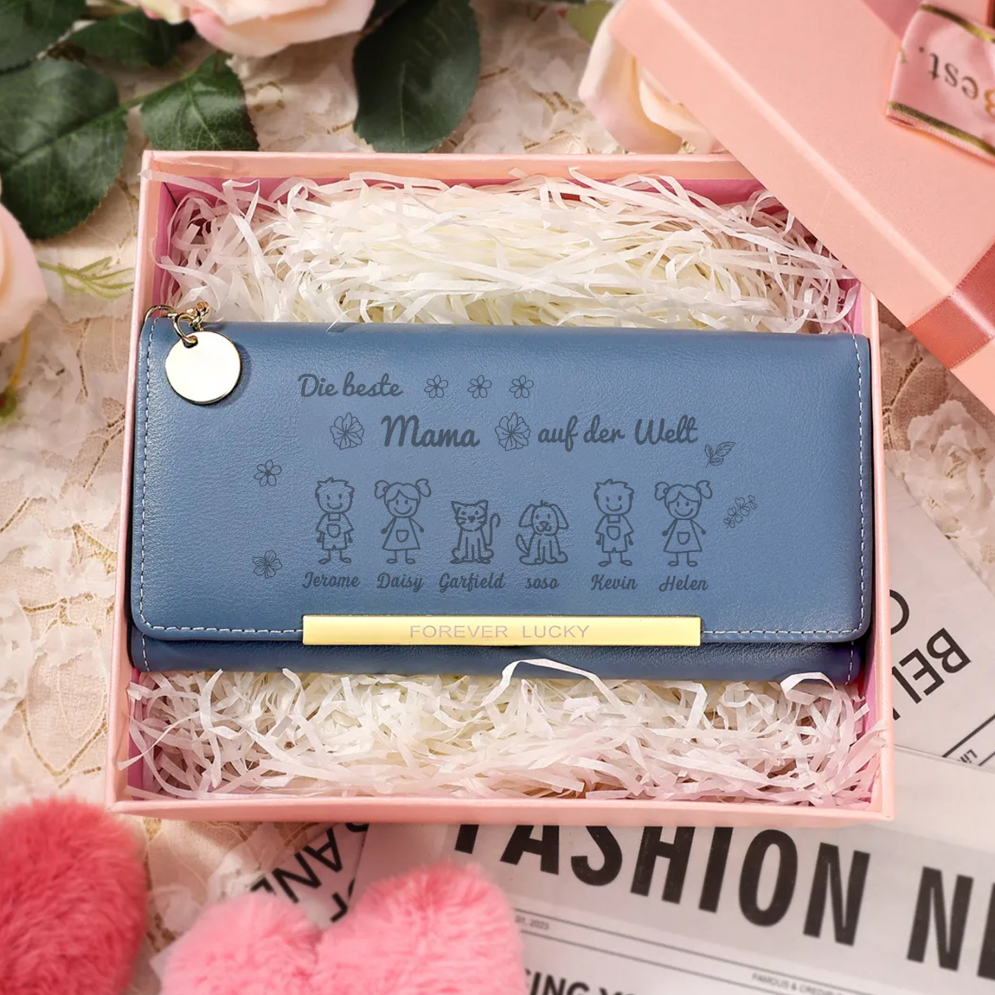 Personalisiertes Foto & 6 Namen & Muster PU Rosa/Blau/Gelb Leder Lange Portemonnaie Geldbörse-Die beste MAMA auf der Welt