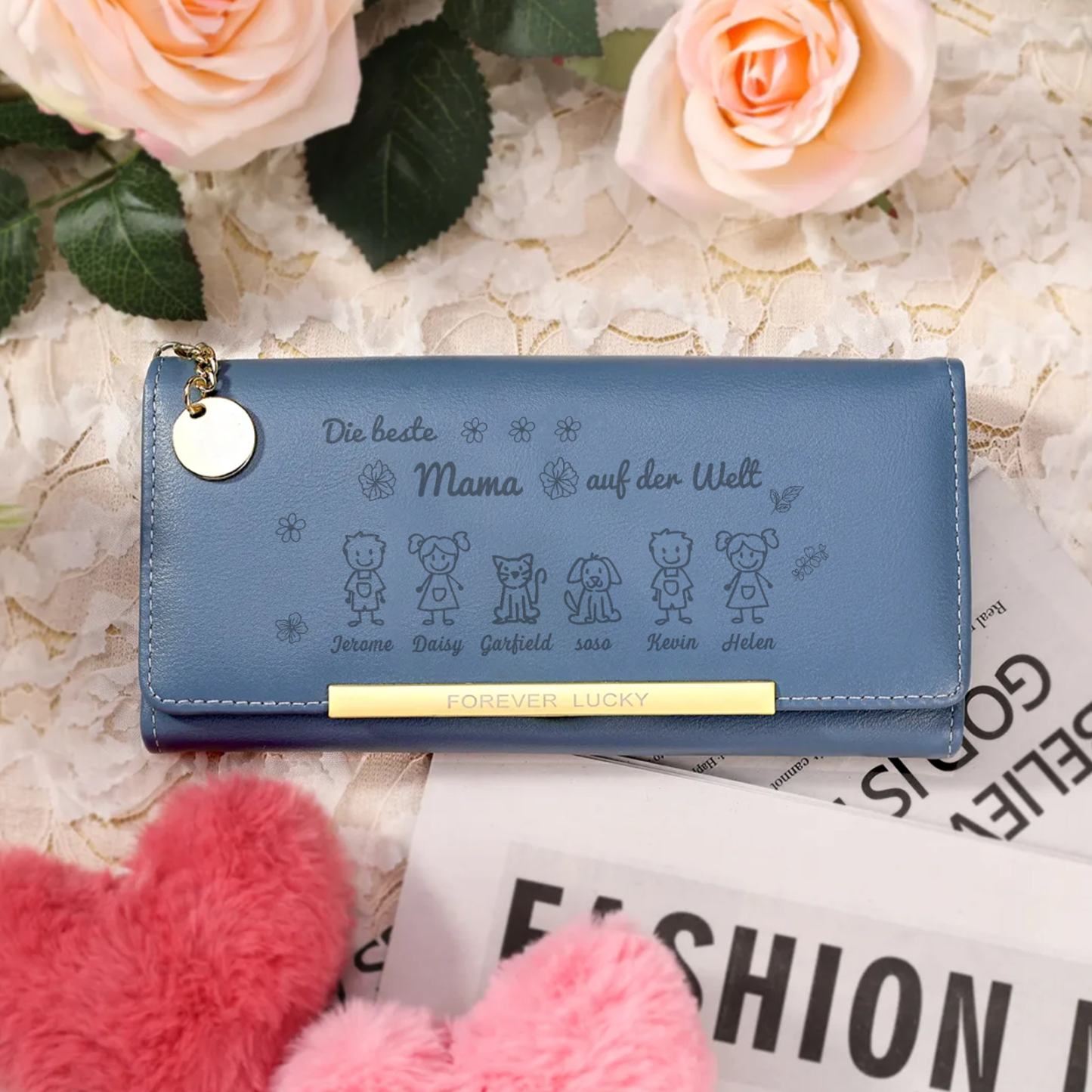 Personalisiertes Foto & 6 Namen & Muster PU Rosa/Blau/Gelb Leder Lange Portemonnaie Geldbörse-Die beste MAMA auf der Welt