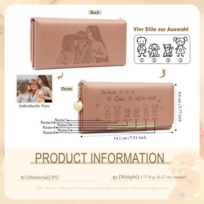 Personalisiertes Foto & 6 Namen & Muster PU Rosa/Blau/Gelb Leder Lange Portemonnaie Geldbörse-Die beste MAMA/OMA auf der Welt