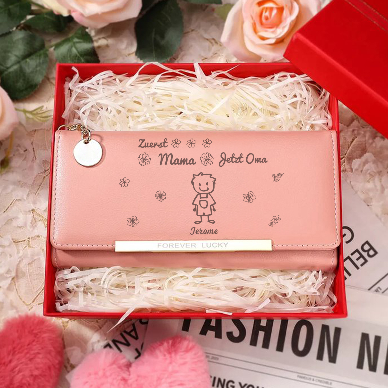 Personalisiertes Foto & 1-6 Namen & Muster PU Leder Lange Portemonnaie Geldbörse-Zuerst Mama, Jetzt Oma