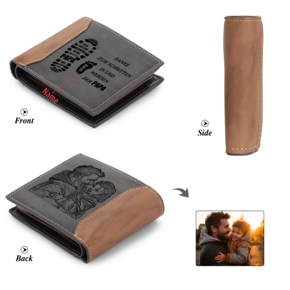 Herren Personalisierts Foto & 1-6 Namen- Lede Geldbörse mit Fußabdrücken von Vater und Kind- Geschenk für Papa zum Vatertag