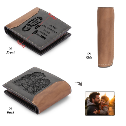 Herren Personalisierts Foto & 1-6 Namen- Leder Geldbörse mit Fußabdrücken von Vater und Kind- Geschenk für Papa zum Vatertag