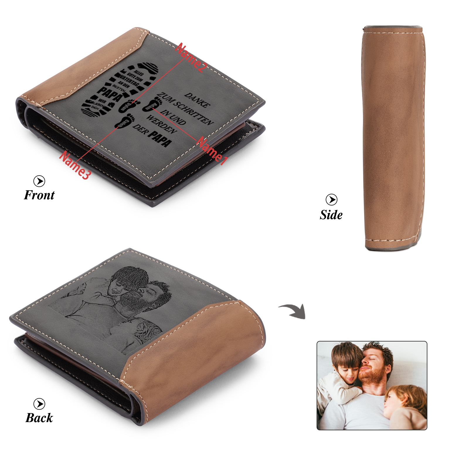 Herren Personalisierts Foto & 1-6 Namen- Leder Geldbörse mit Fußabdrücken von Vater und Kind- Geschenk für Papa zum Vatertag