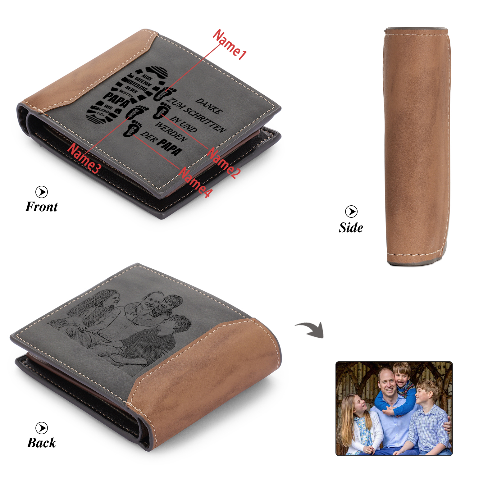 Herren Personalisierts Foto & 1-6 Namen- Leder Geldbörse mit Fußabdrücken von Vater und Kind- Geschenk für Papa zum Vatertag