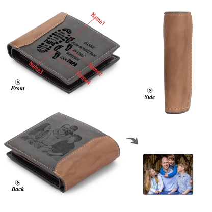 Herren Personalisierts Foto & 1-6 Namen- Leder Geldbörse mit Fußabdrücken von Vater und Kind- Geschenk für Papa zum Vatertag
