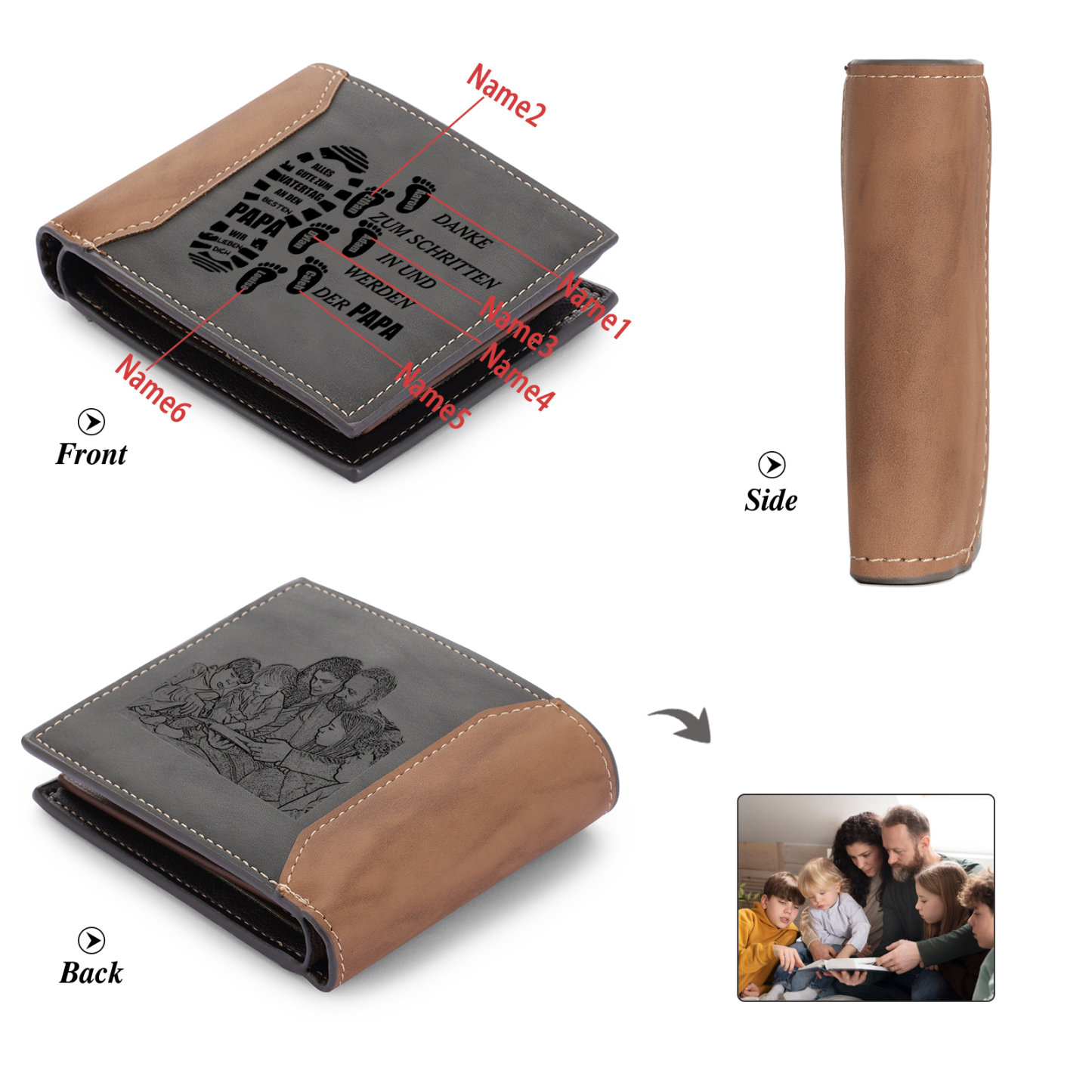 Herren Personalisierts Foto & 1-6 Namen- Leder Geldbörse mit Fußabdrücken von Vater und Kind- Geschenk für Papa zum Vatertag