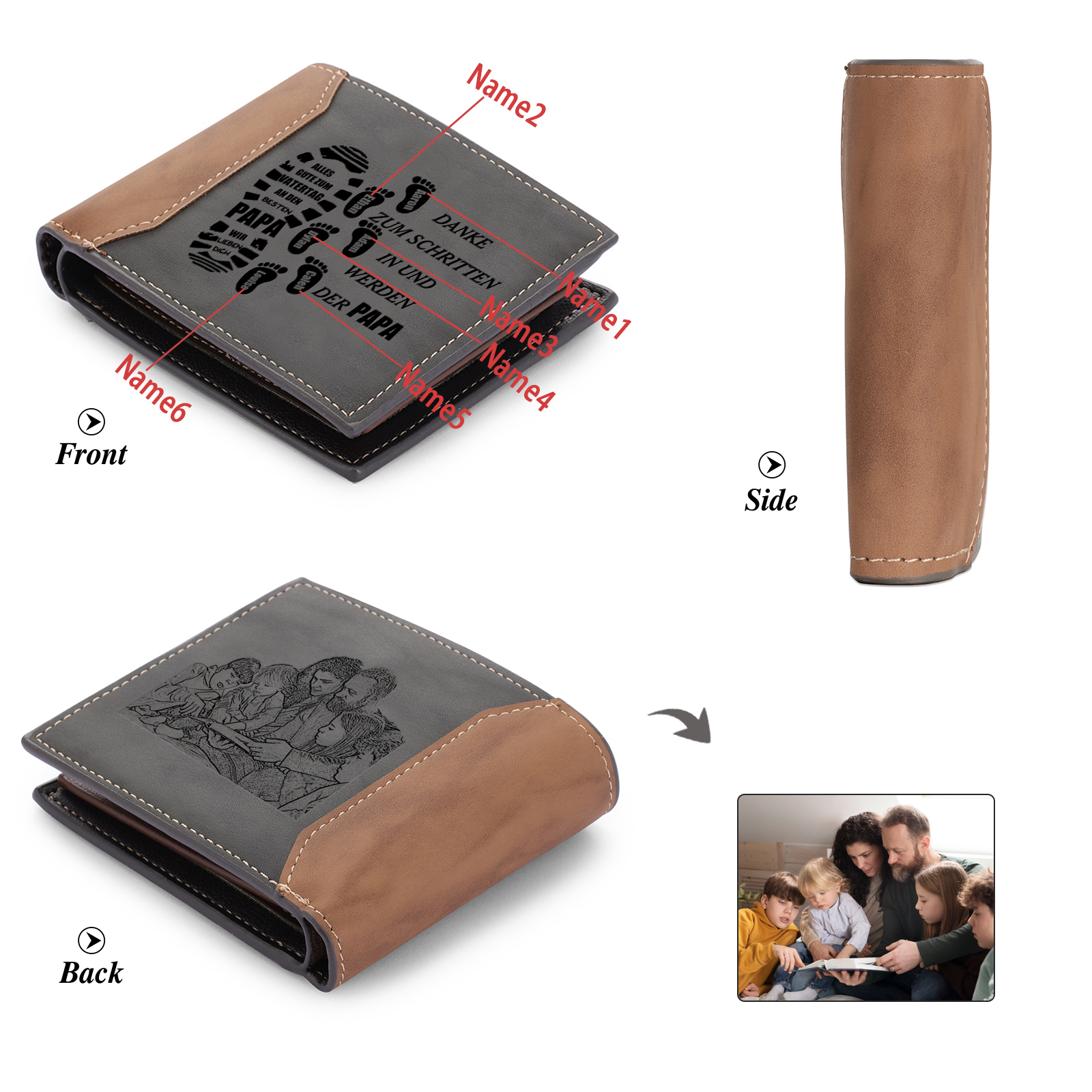 Herren Personalisierts Foto & 1-6 Namen- Leder Geldbörse mit Fußabdrücken von Vater und Kind- Geschenk für Papa zum Vatertag