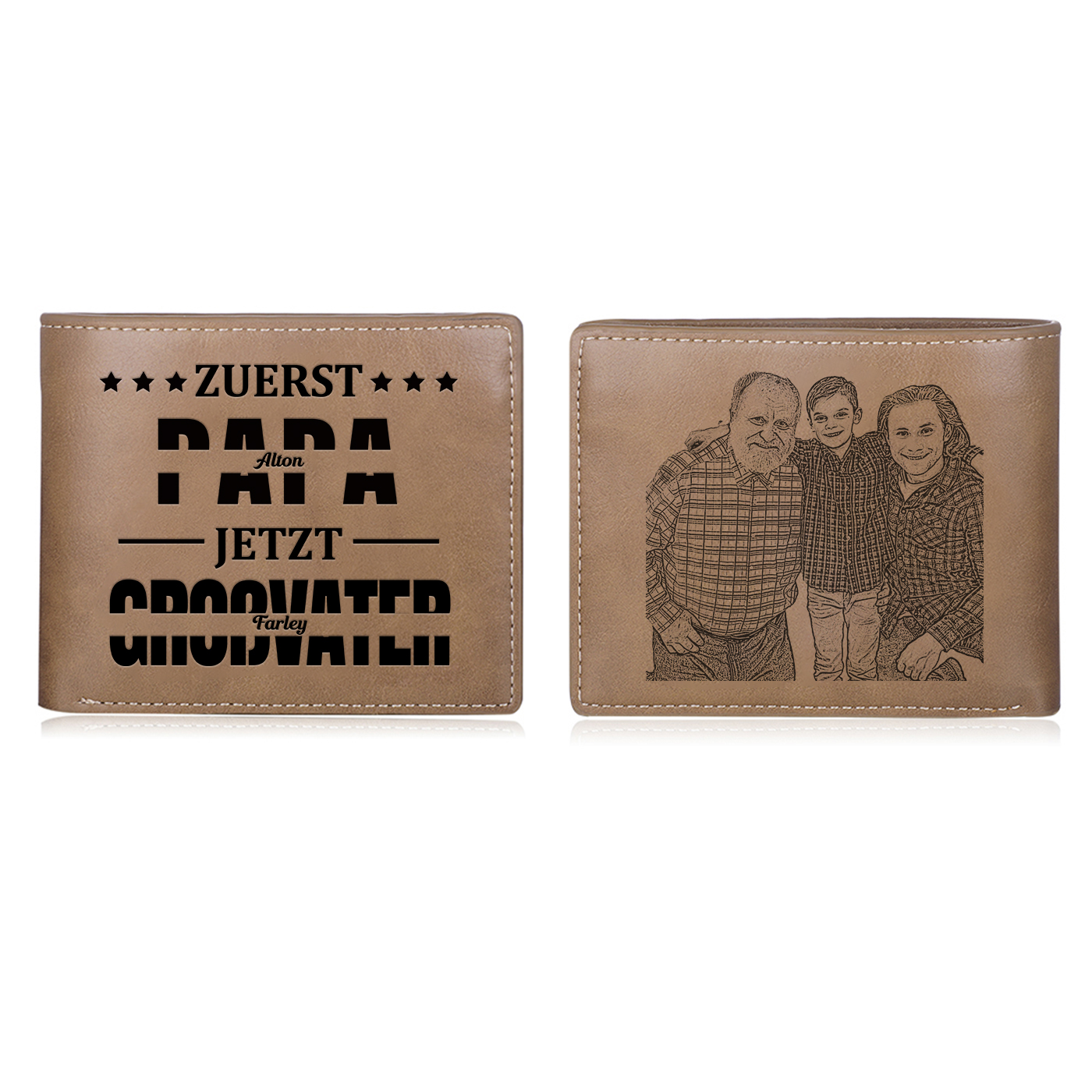 Herren Personalisierte 2-9 Namen & Foto- Leder Geldbörse - Zuerst Papa,Jetzt Großvater- Geschenk für Papa zum Vatertag