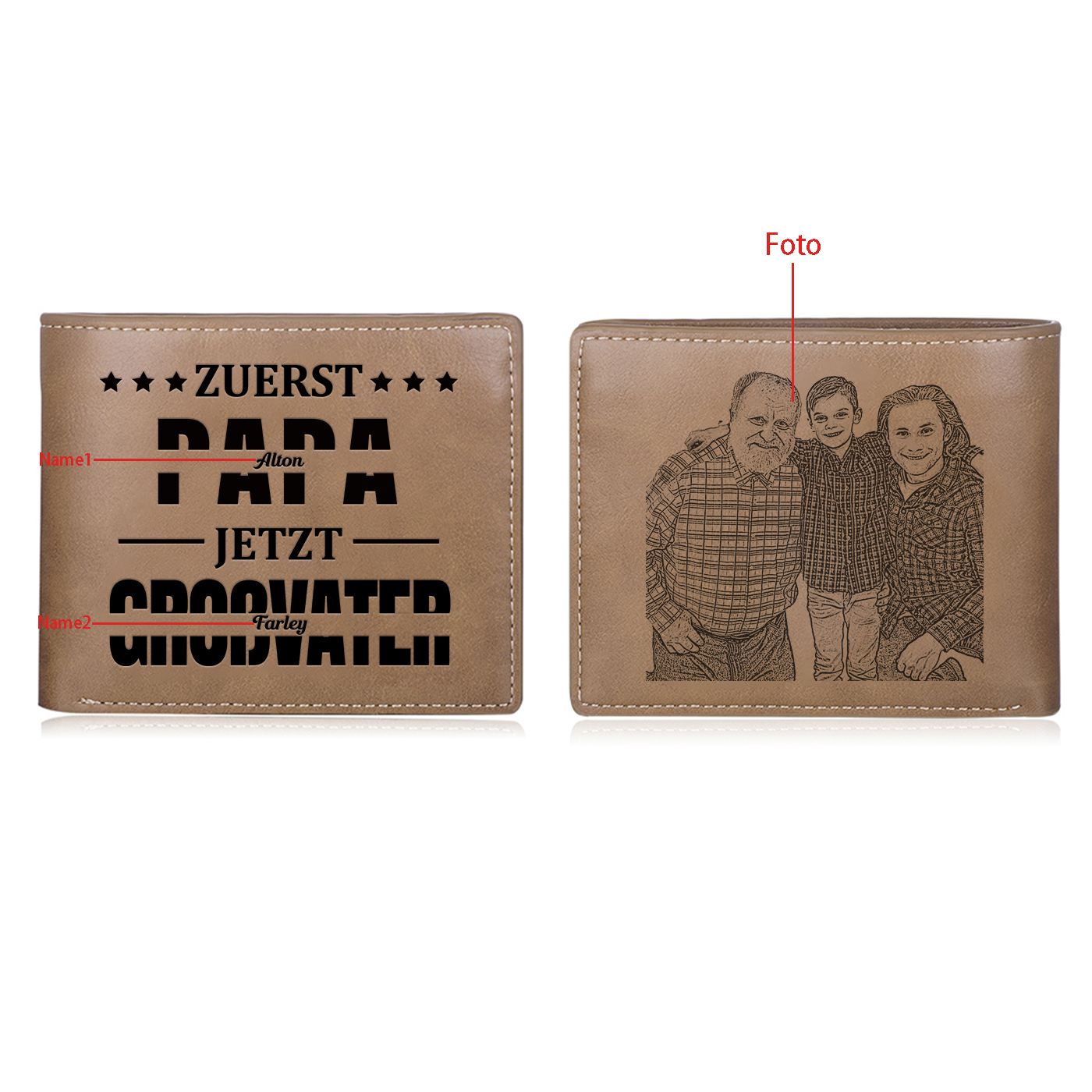 Herren Personalisierte 2-9 Namen & Foto- Leder Geldbörse - Zuerst Papa,Jetzt Großvater- Geschenk für Papa zum Vatertag