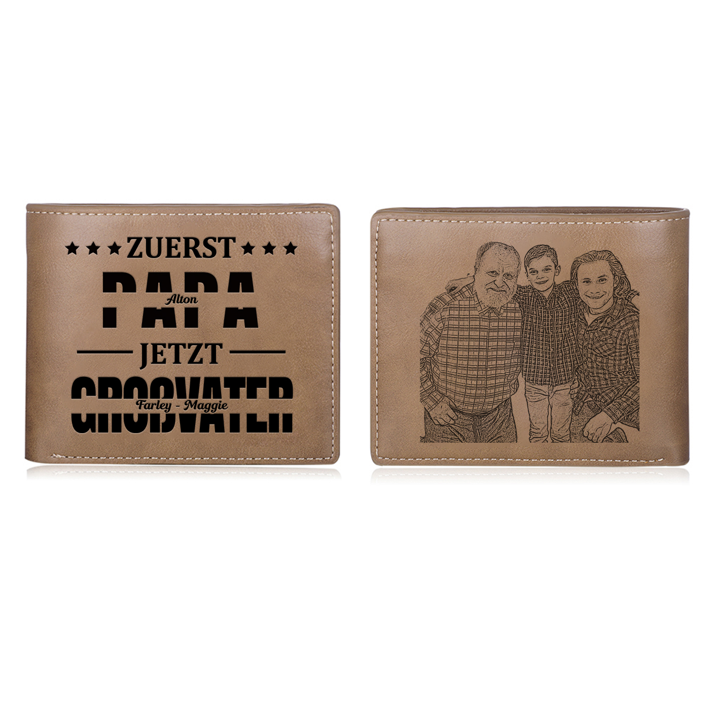Herren Personalisierte 3 Namen & Foto- Leder Geldbörse - Zuerst Papa,Jetzt Großvater- Geschenk für Papa zum Vatertag