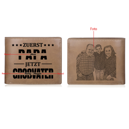 Herren Personalisierte 3 Namen & Foto- Leder Geldbörse - Zuerst Papa,Jetzt Großvater- Geschenk für Papa zum Vatertag