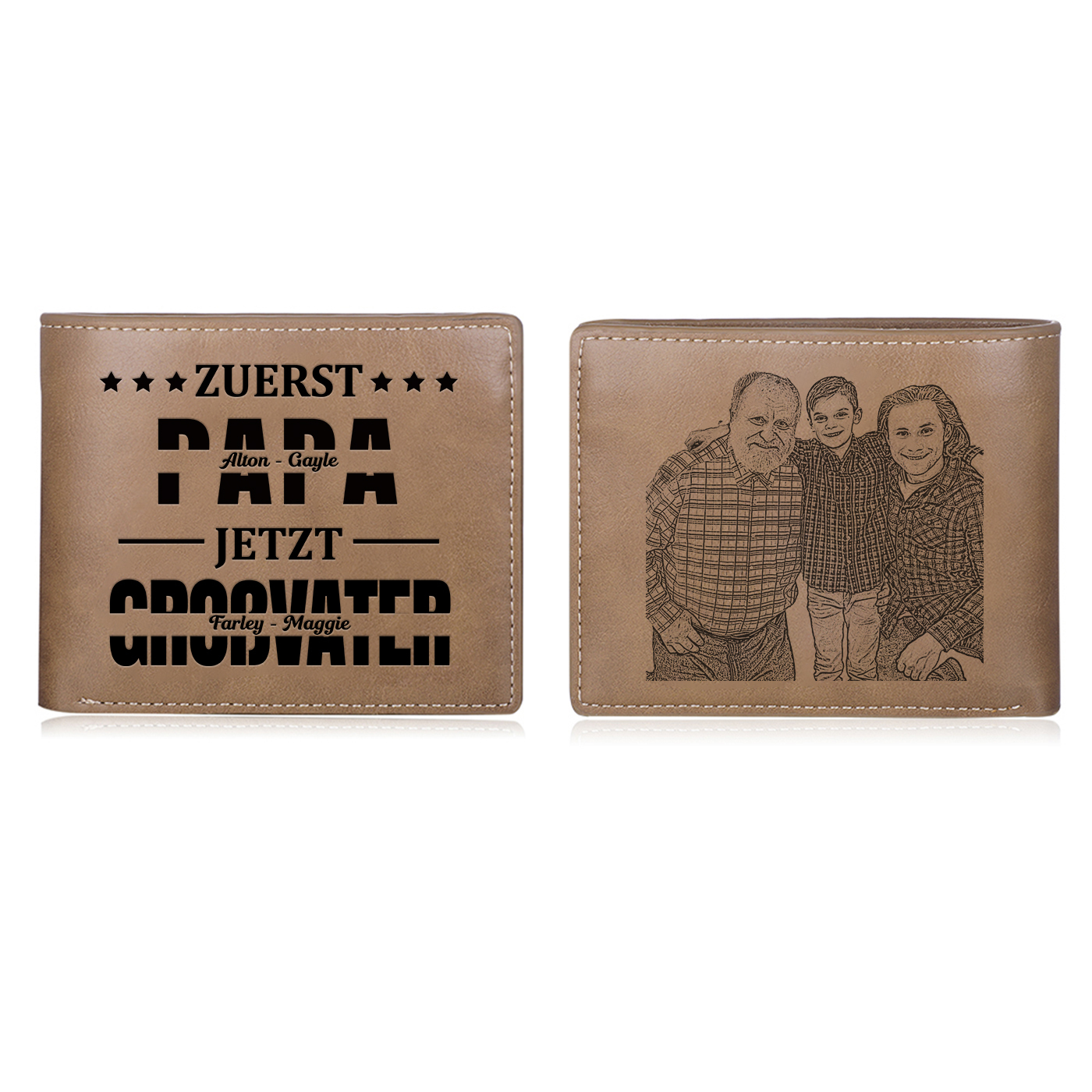 Herren Personalisierte 4 Namen & Foto- Leder Geldbörse - Zuerst Papa,Jetzt Großvater- Geschenk für Papa zum Vatertag
