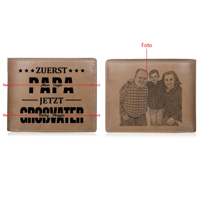 Herren Personalisierte 4 Namen & Foto- Leder Geldbörse - Zuerst Papa,Jetzt Großvater- Geschenk für Papa zum Vatertag