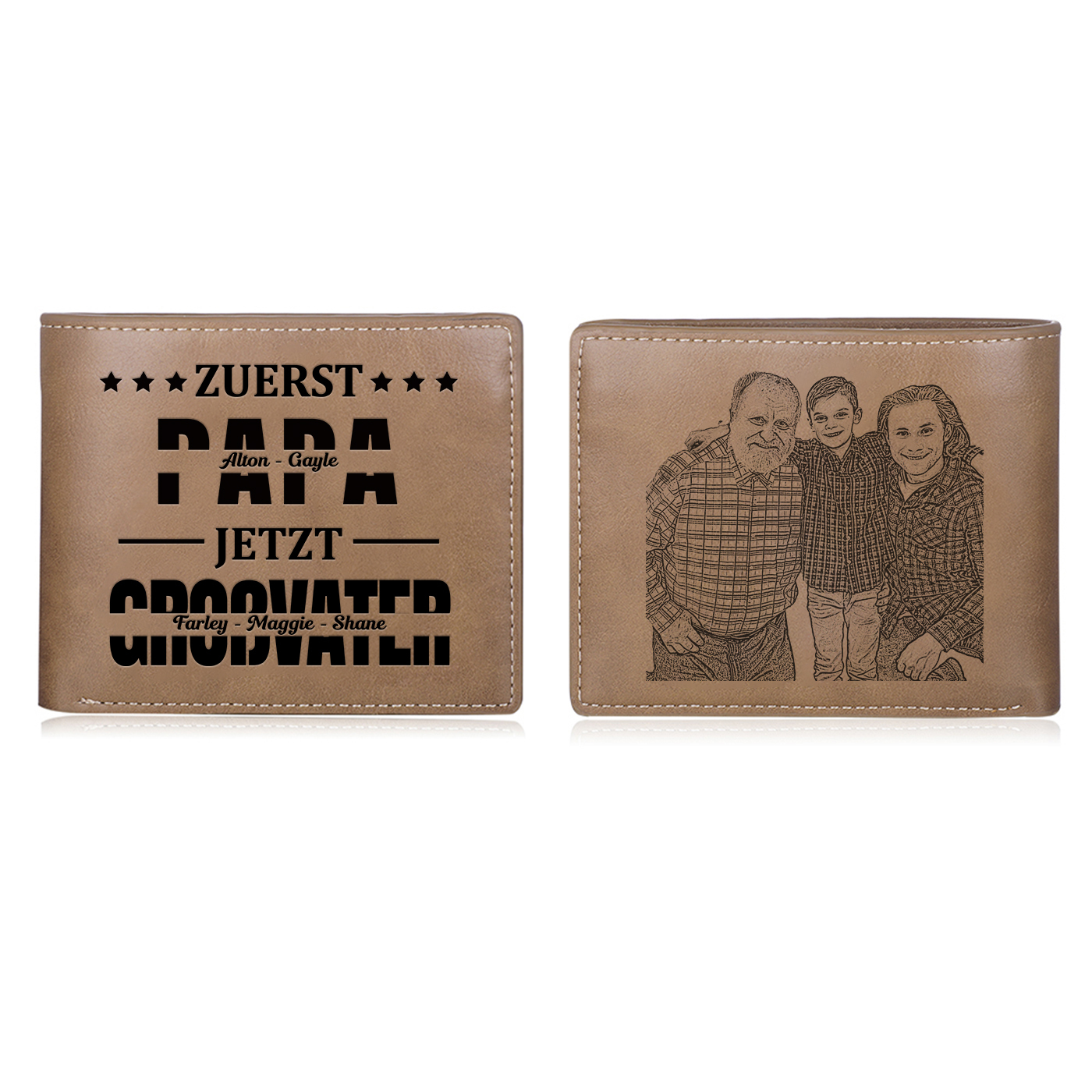 Herren Personalisierte 5 Namen & Foto- Leder Geldbörse - Zuerst Papa,Jetzt Großvater- Geschenk für Papa zum Vatertag