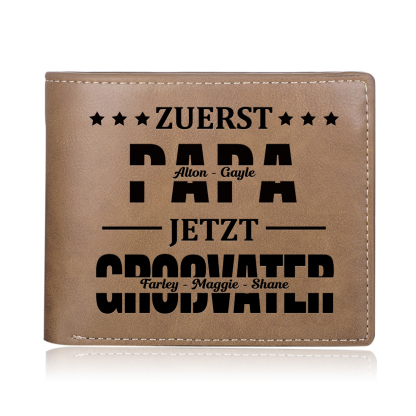 Herren Personalisierte 5 Namen & Foto- Leder Geldbörse - Zuerst Papa,Jetzt Großvater- Geschenk für Papa zum Vatertag