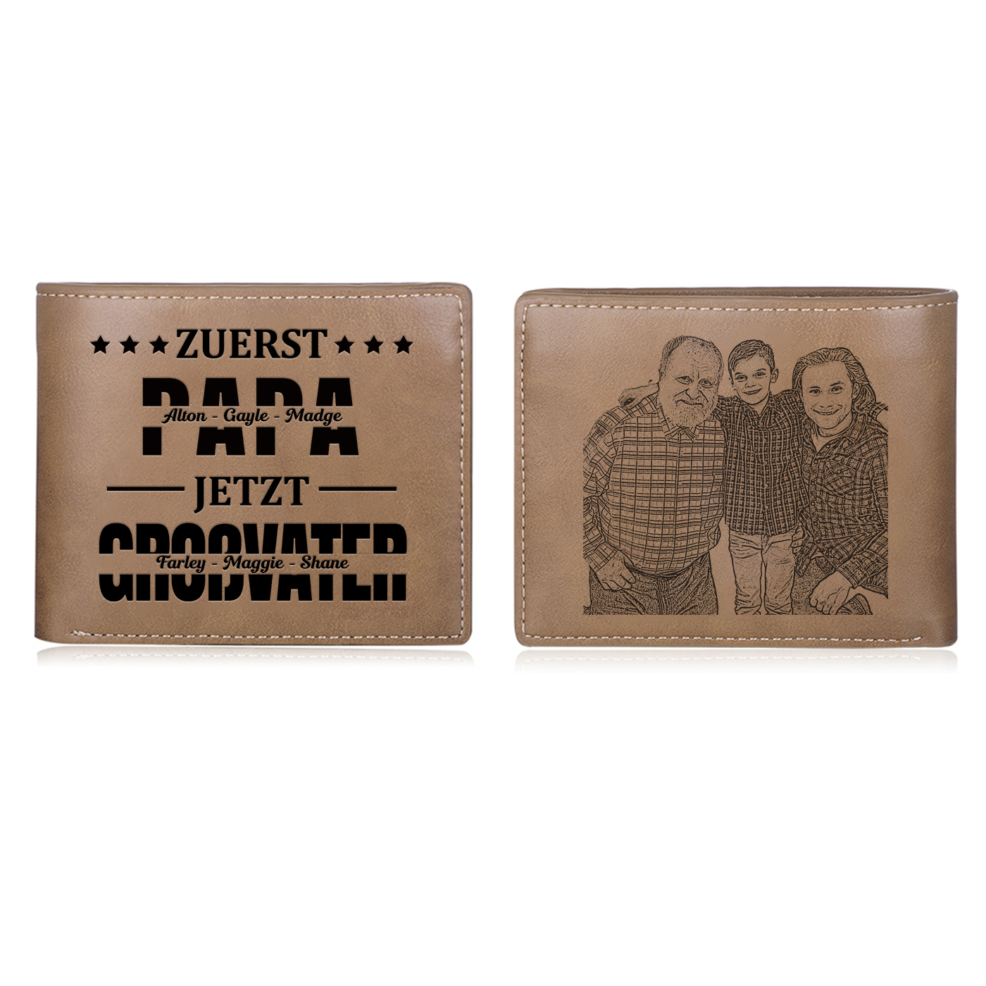 Herren Personalisierte 6 Namen & Foto- Leder Geldbörse - Zuerst Papa,Jetzt Großvater- Geschenk für Papa zum Vatertag