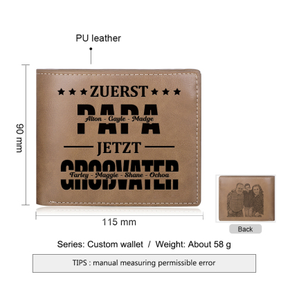 Herren Personalisierte 7 Namen & Foto- Leder Geldbörse - Zuerst Papa,Jetzt Großvater- Geschenk für Papa zum Vatertag