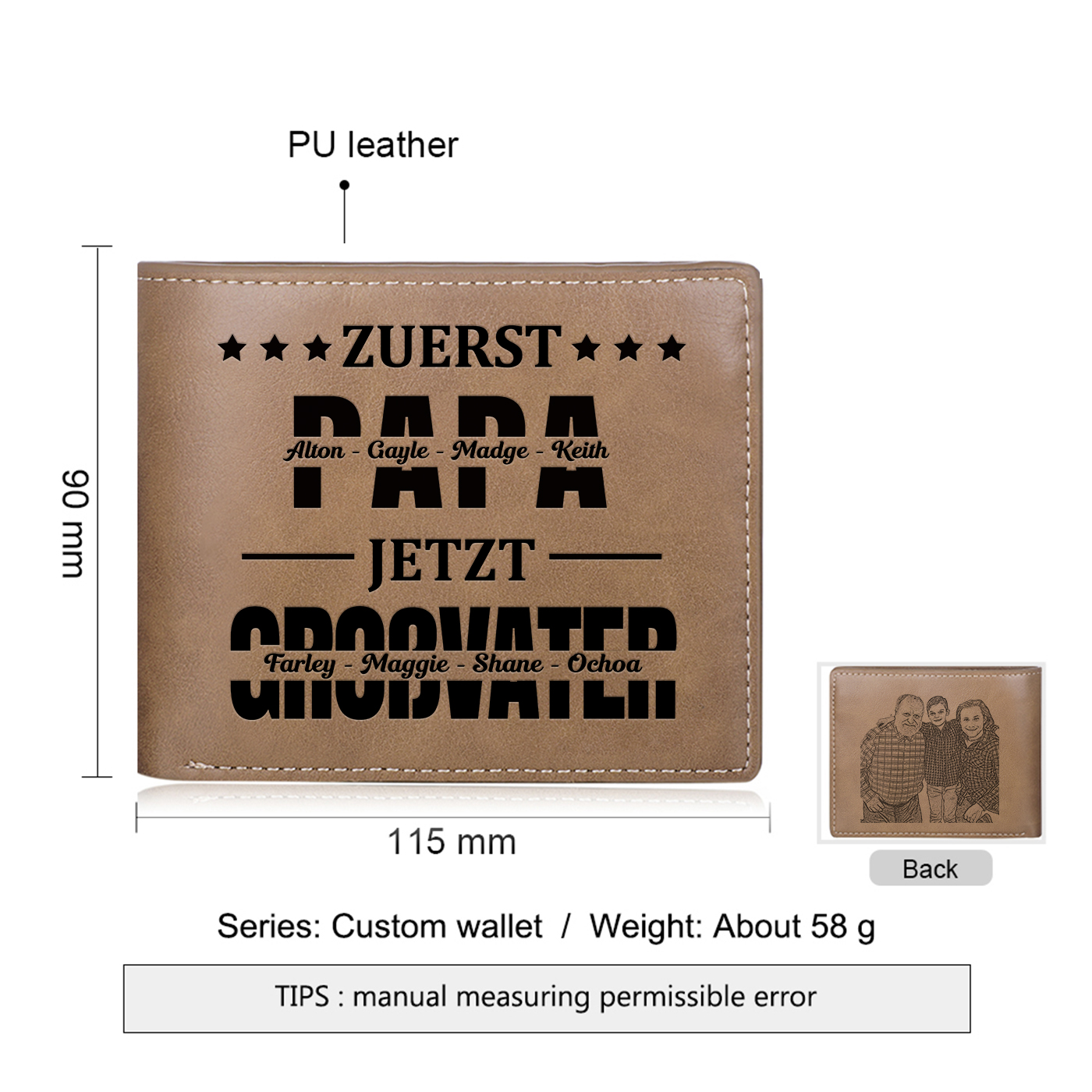 Herren Personalisierte 8 Namen & Foto- Leder Geldbörse - Zuerst Papa,Jetzt Großvater- Geschenk für Papa zum Vatertag