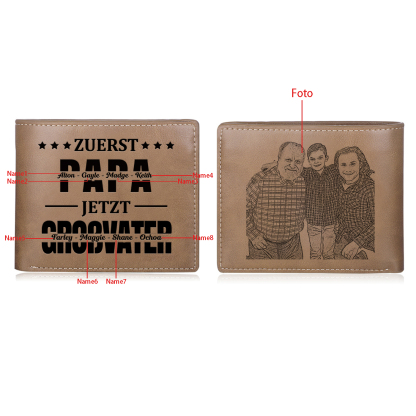 Herren Personalisierte 8 Namen & Foto- Leder Geldbörse - Zuerst Papa,Jetzt Großvater- Geschenk für Papa zum Vatertag