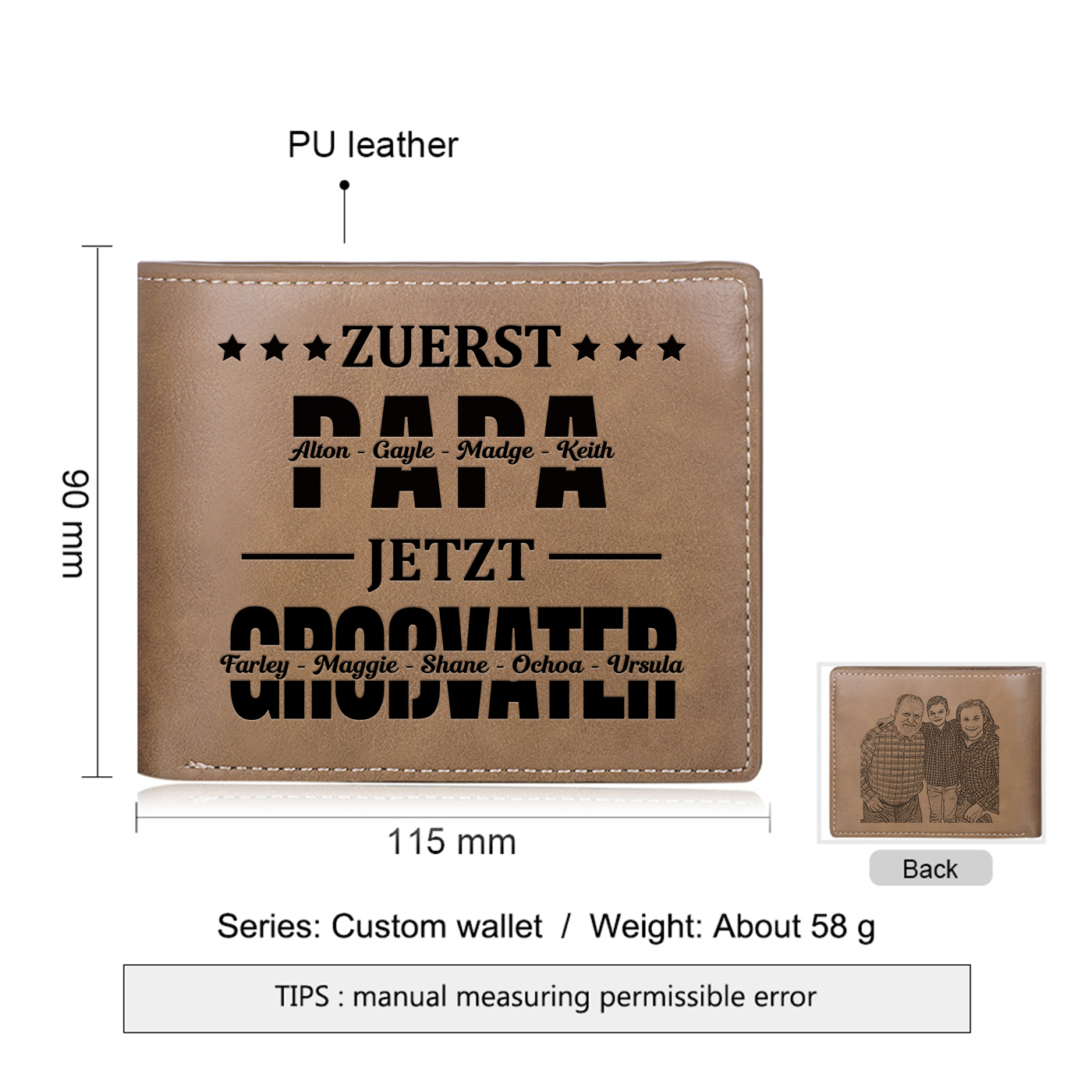 Herren Personalisierte 9 Namen & Foto- Leder Geldbörse - Zuerst Papa,Jetzt Großvater- Geschenk für Papa zum Vatertag
