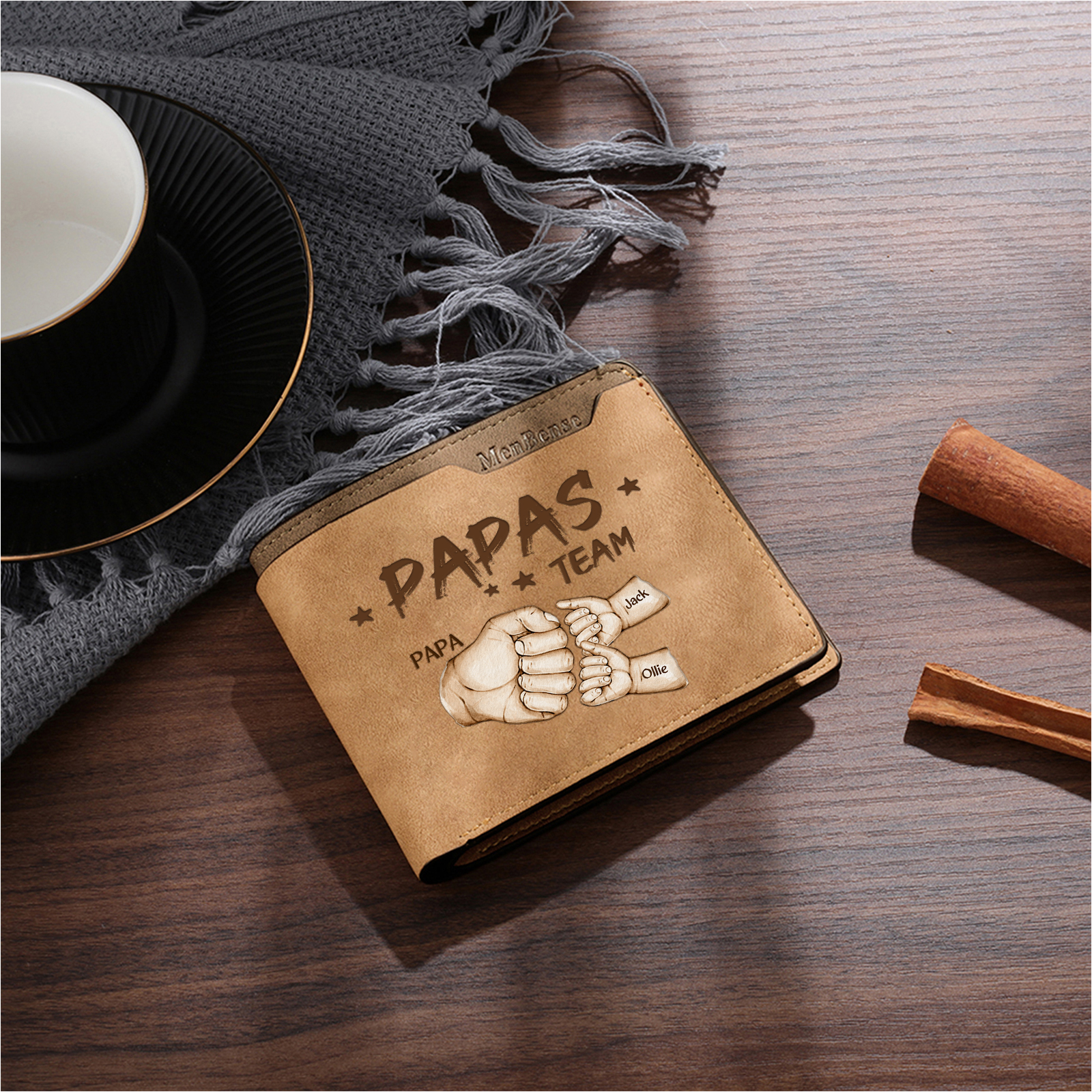 Herren Personalisierte 2-6 Namen & Faust- Leder Geldbörse - Papas Team- Geschenk für Papa zum Vatertag