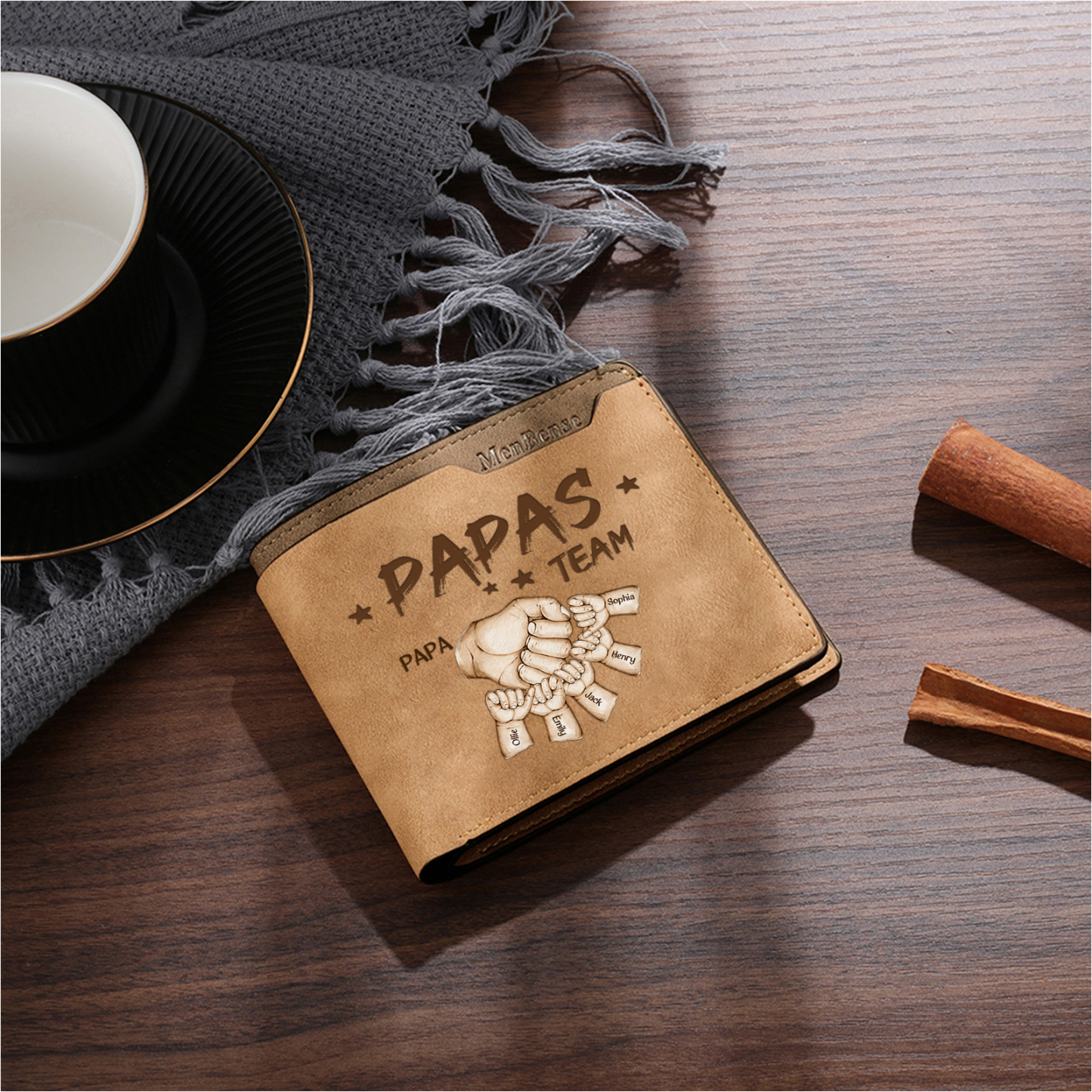 Herren Personalisierte 2-6 Namen & Faust- Leder Geldbörse - Papas Team- Geschenk für Papa zum Vatertag