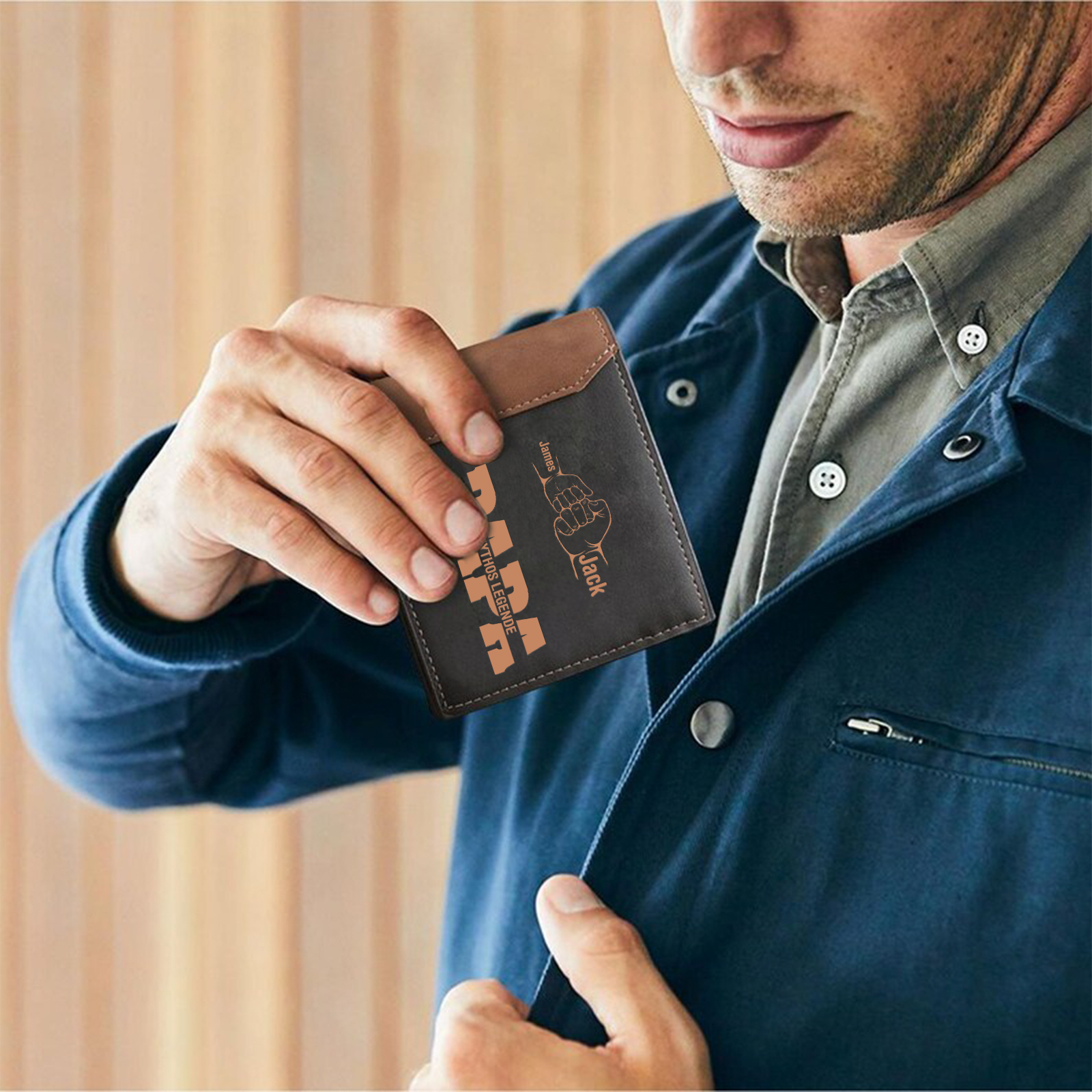 Herren Personalisierte 2-7 Namen & Text- Papa Leder Geldbörse mit Faust-- Geschenk für Papa zum Vatertag