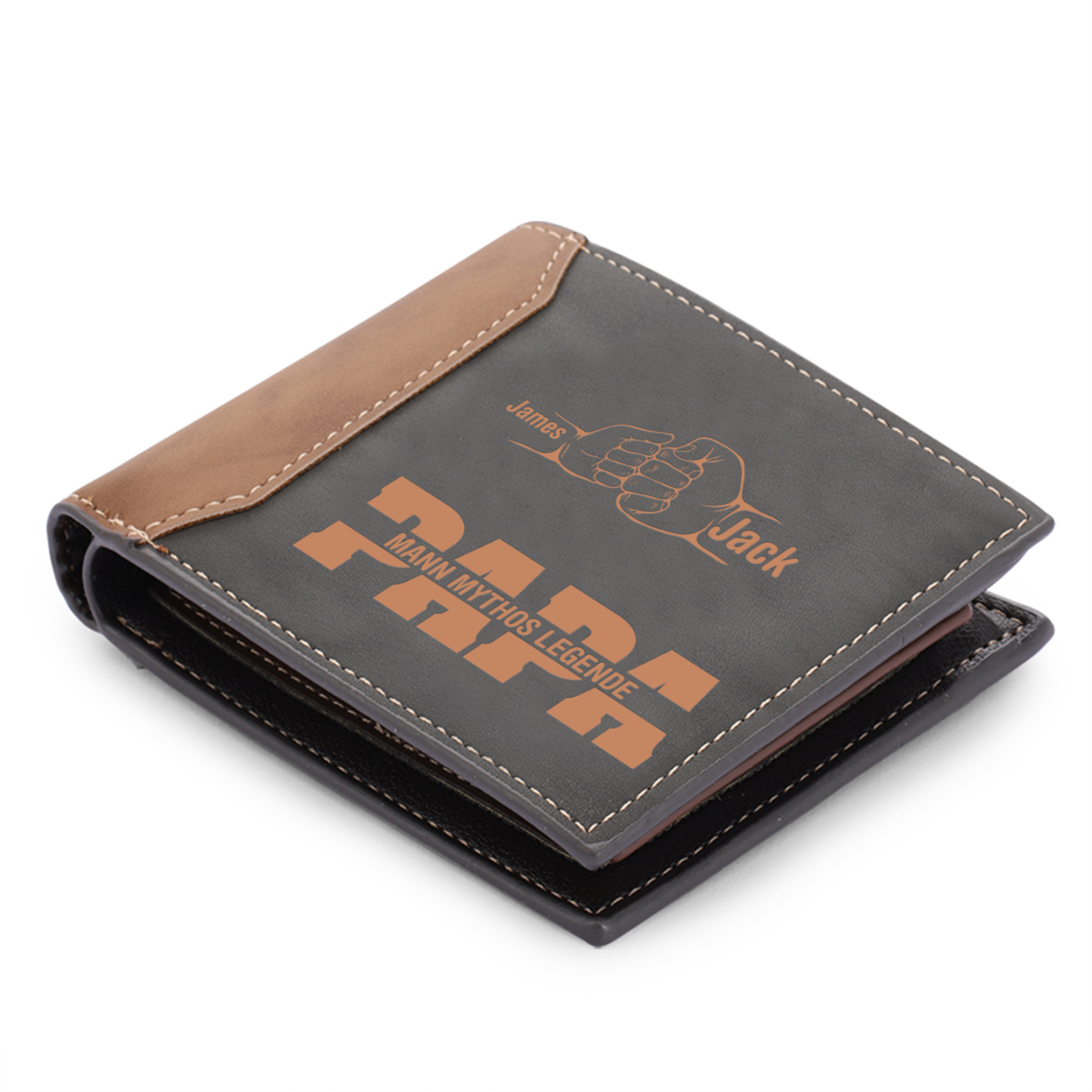 Herren Personalisierte 2-7 Namen & Text- Papa Leder Geldbörse mit Faust-- Geschenk für Papa zum Vatertag