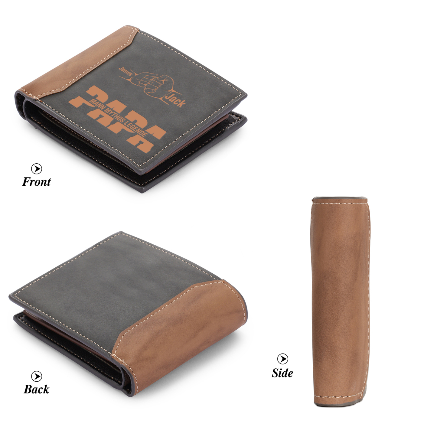 Herren Personalisierte 2-7 Namen & Text- Papa Leder Geldbörse mit Faust-- Geschenk für Papa zum Vatertag