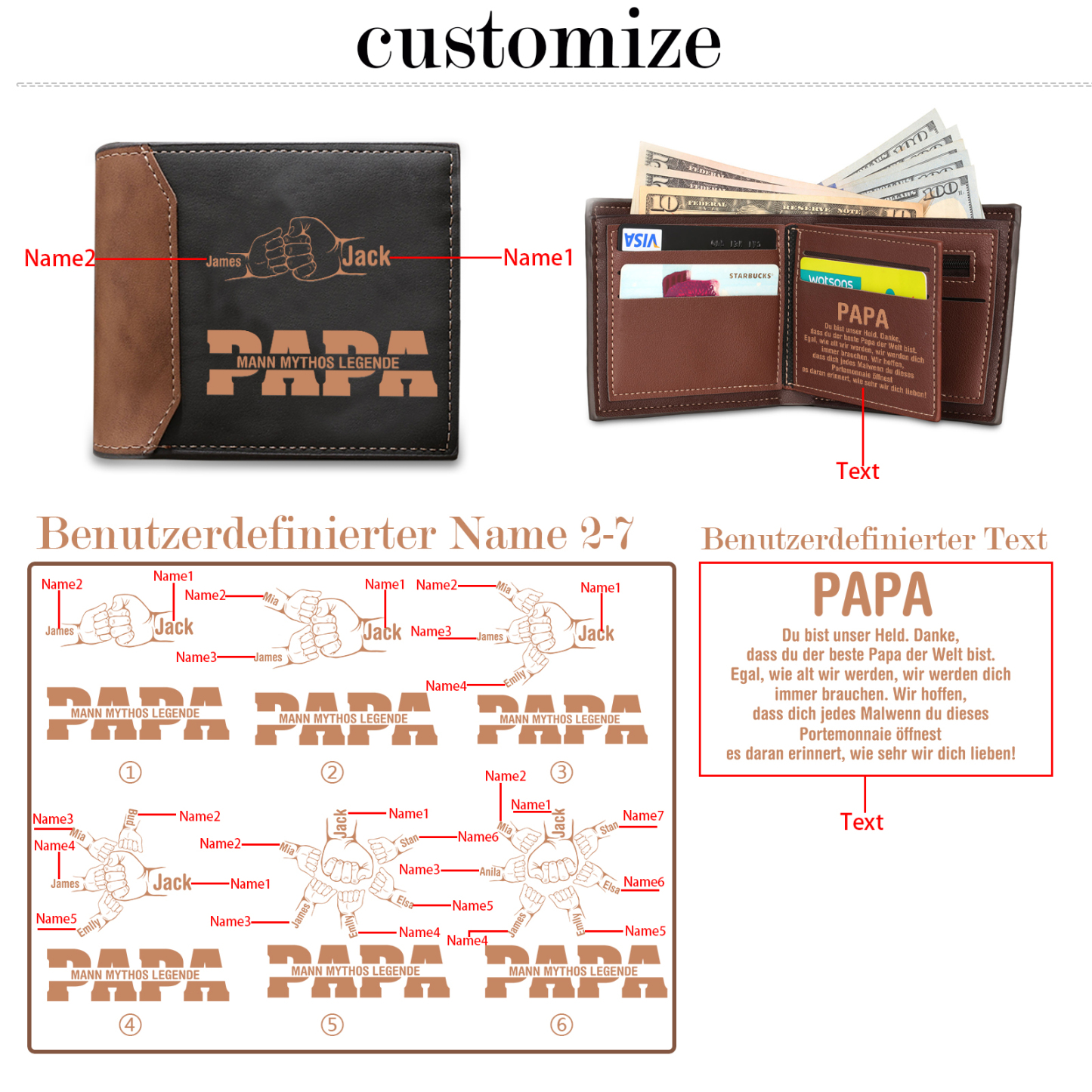 Herren Personalisierte 2-7 Namen & Text- Papa Leder Geldbörse mit Faust-- Geschenk für Papa zum Vatertag