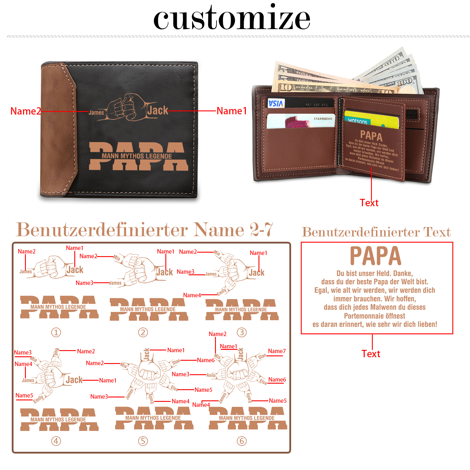 Herren Personalisierte 2-7 Namen & Text- Papa Leder Geldbörse mit Faust-- Geschenk für Papa zum Vatertag