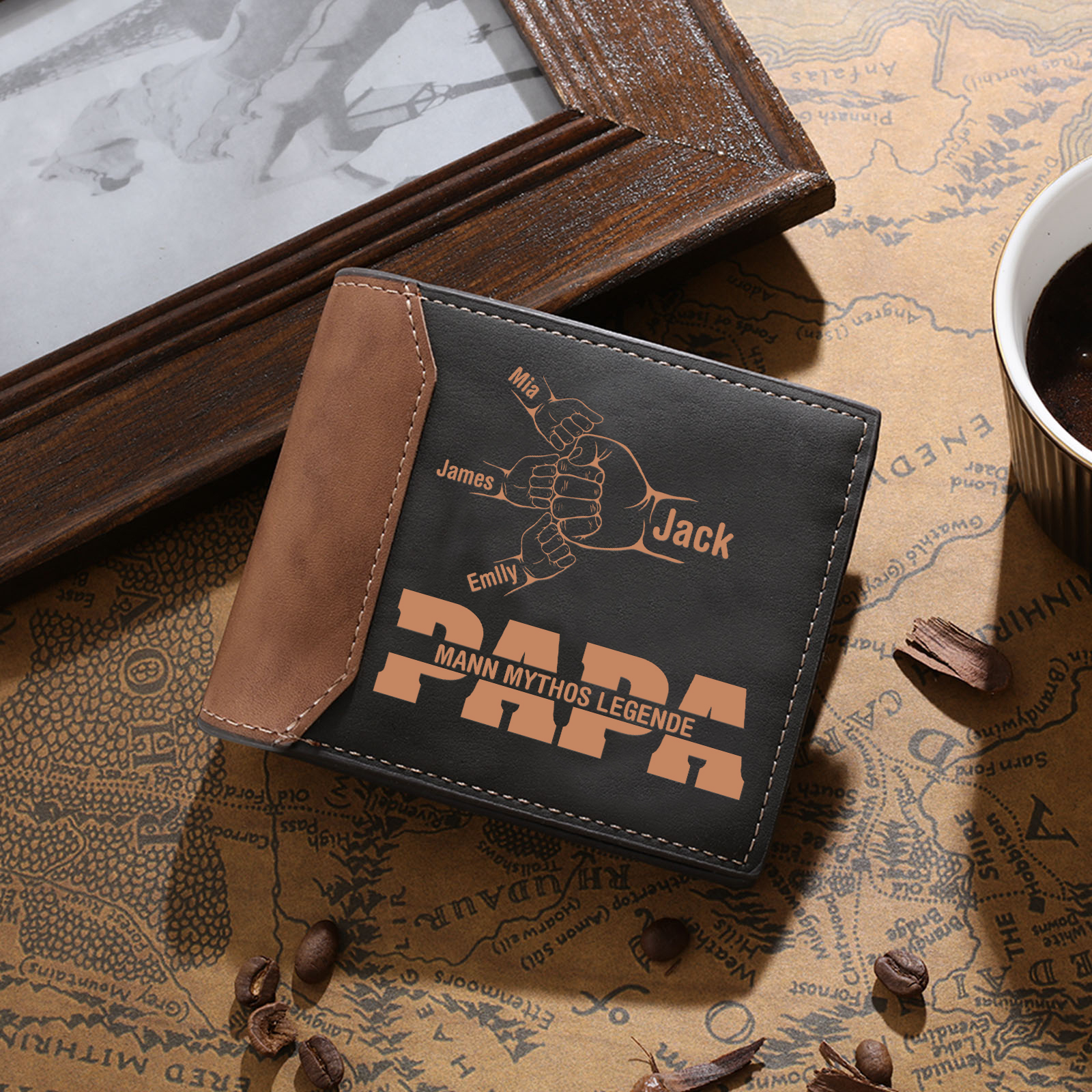 Herren Personalisierte 2-7 Namen & Text- Papa Leder Geldbörse mit Faust-- Geschenk für Papa zum Vatertag