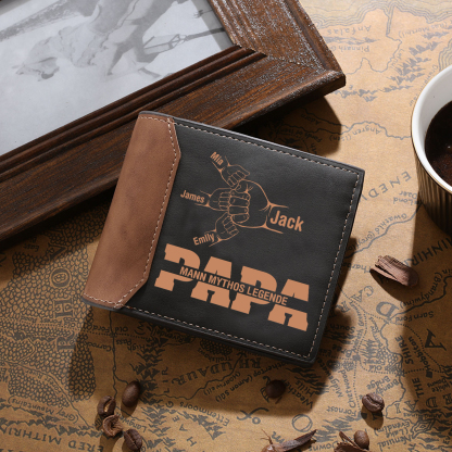 Herren Personalisierte 2-7 Namen & Text- Papa Leder Geldbörse mit Faust-- Geschenk für Papa zum Vatertag