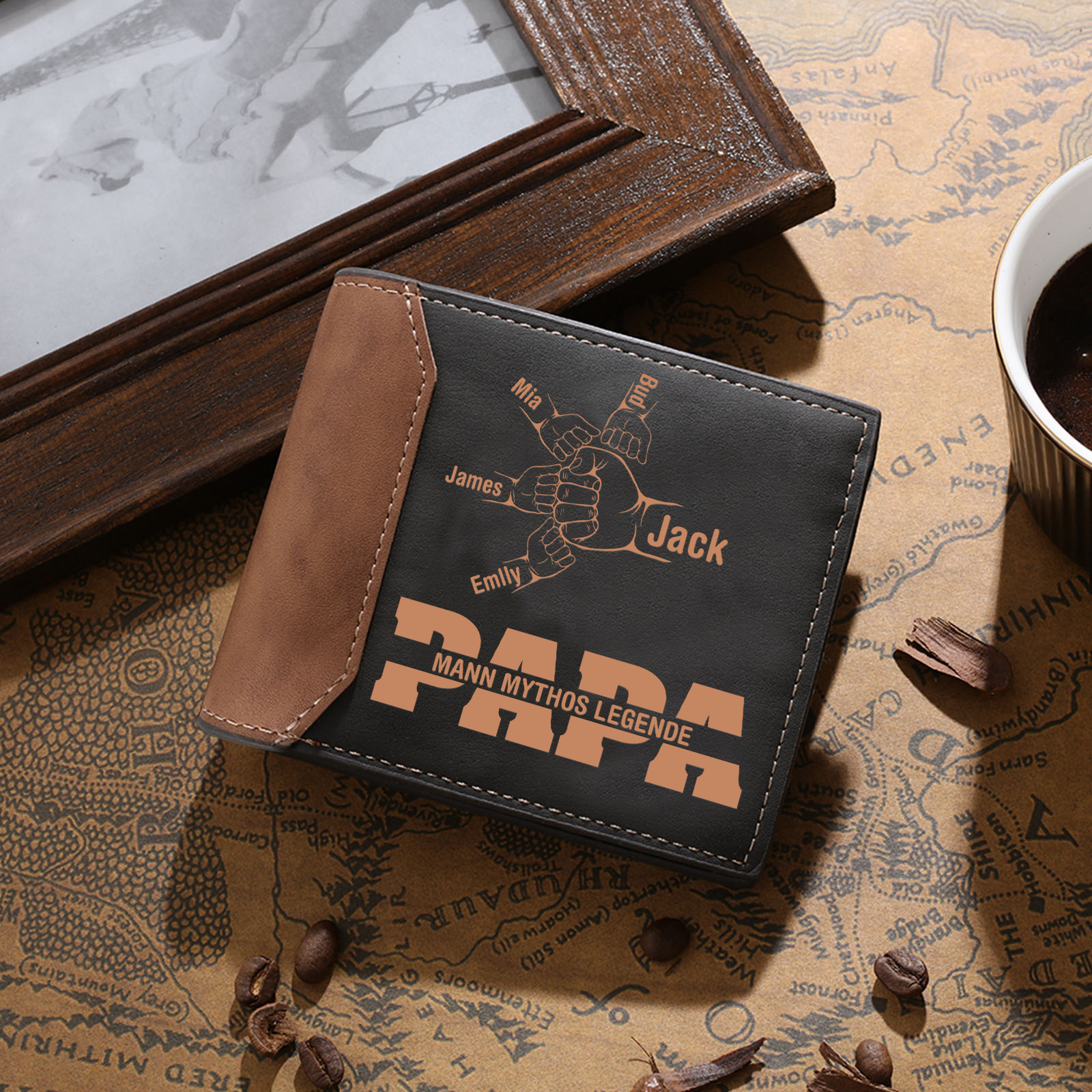 Herren Personalisierte 2-7 Namen & Text- Papa Leder Geldbörse mit Faust-- Geschenk für Papa zum Vatertag