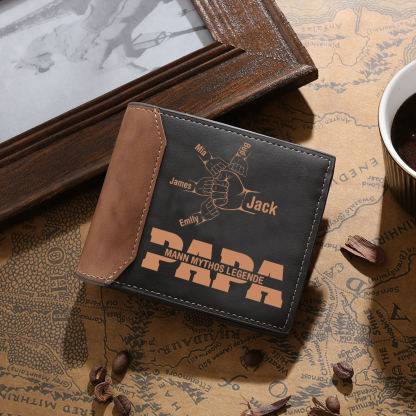 Herren Personalisierte 2-7 Namen & Text- Papa Leder Geldbörse mit Faust-- Geschenk für Papa zum Vatertag