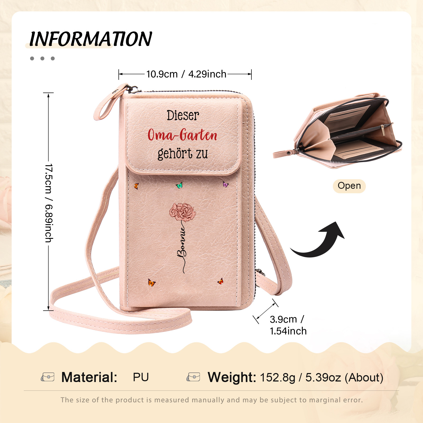 Personalisierte Umhängetasche für Handy, individuell mit 1-6 Namen & Geburtsblumen – Portemonnaie, Geburtstagsgeschenk für Oma