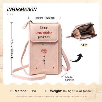 Personalisierte Umhängetasche für Handy, individuell mit 1-6 Namen & Geburtsblumen – Portemonnaie, Geburtstagsgeschenk für Oma
