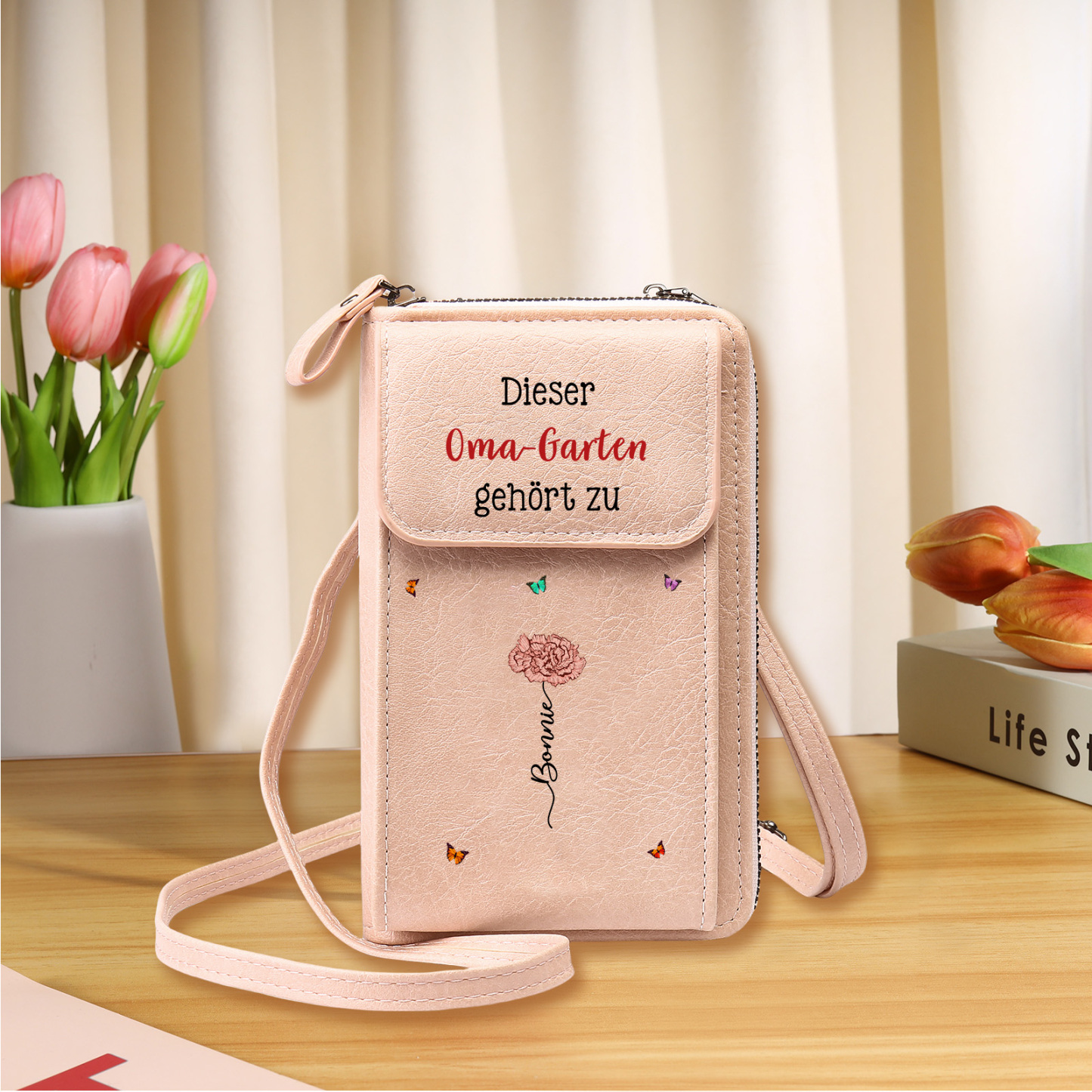 Personalisierte Umhängetasche für Handy, individuell mit 1-6 Namen & Geburtsblumen – Portemonnaie, Geburtstagsgeschenk für Oma