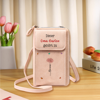 Personalisierte Umhängetasche für Handy, individuell mit 1-6 Namen & Geburtsblumen – Portemonnaie, Geburtstagsgeschenk für Oma