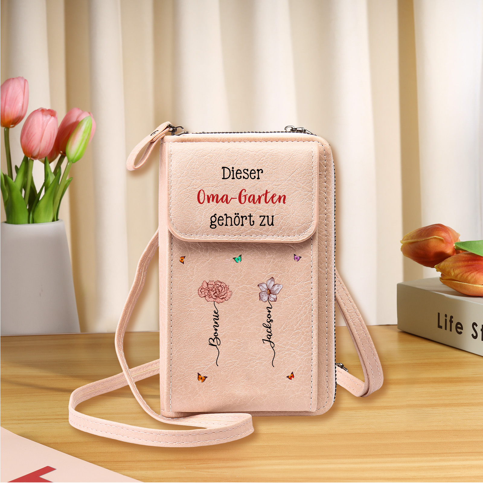Personalisierte Umhängetasche für Handy, individuell mit 1-6 Namen & Geburtsblumen – Portemonnaie, Geburtstagsgeschenk für Oma